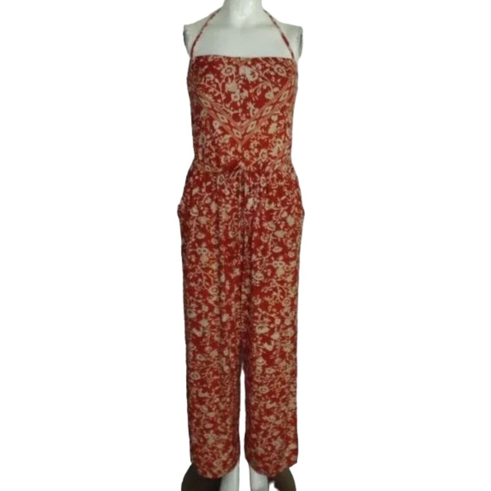 ROBIN PICCONE Jumpsuit, S, Rust Floral, Halter Spaghetti Straps, Wide leg - Picture 11 of 14